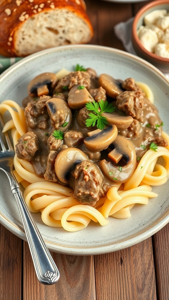 Chopped beef stroganoff over egg noodles, garnished with parsley, on a rustic table with a side of bread.
